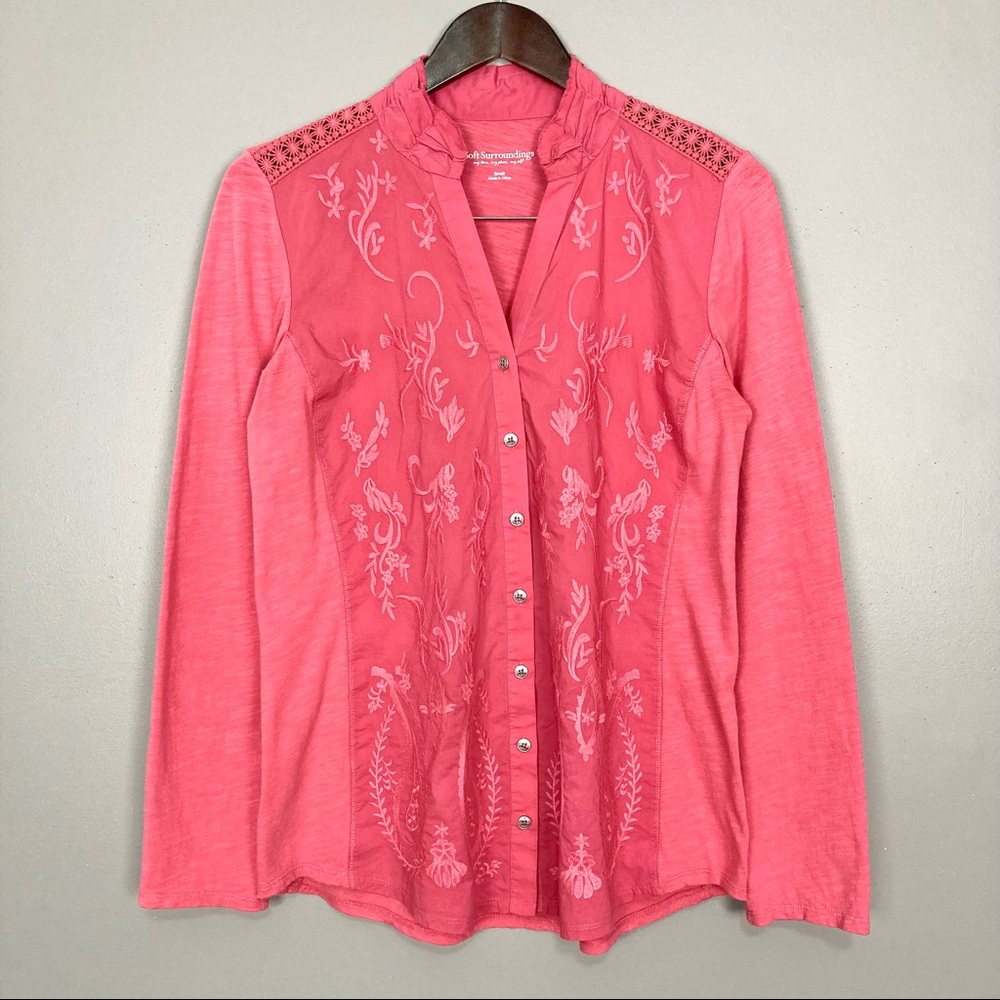 Soft Surroundings Primavera Embroidered Shirt Women’s Size S Button Front Pink